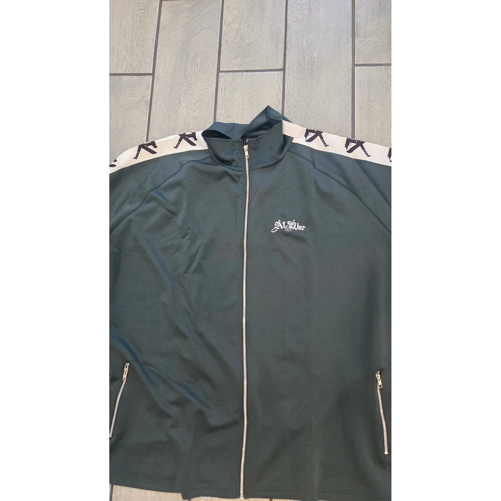 At War Worldwide Green Track Jacket Full Zip Logo Tape Sleeve 4XL Streetwear